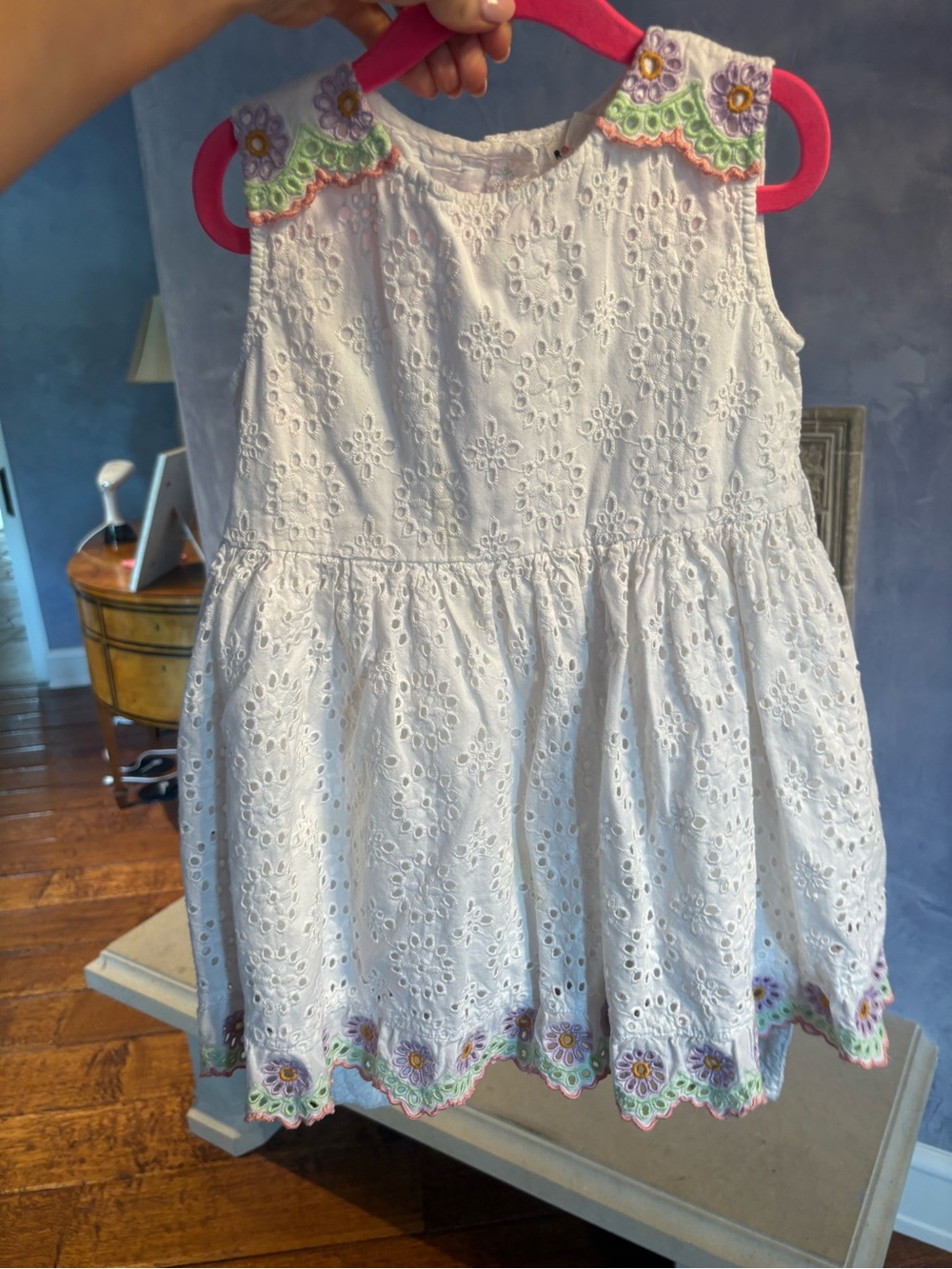 Roller Rabbit White Eyelet Dress with Pink, Green & Purple Trim